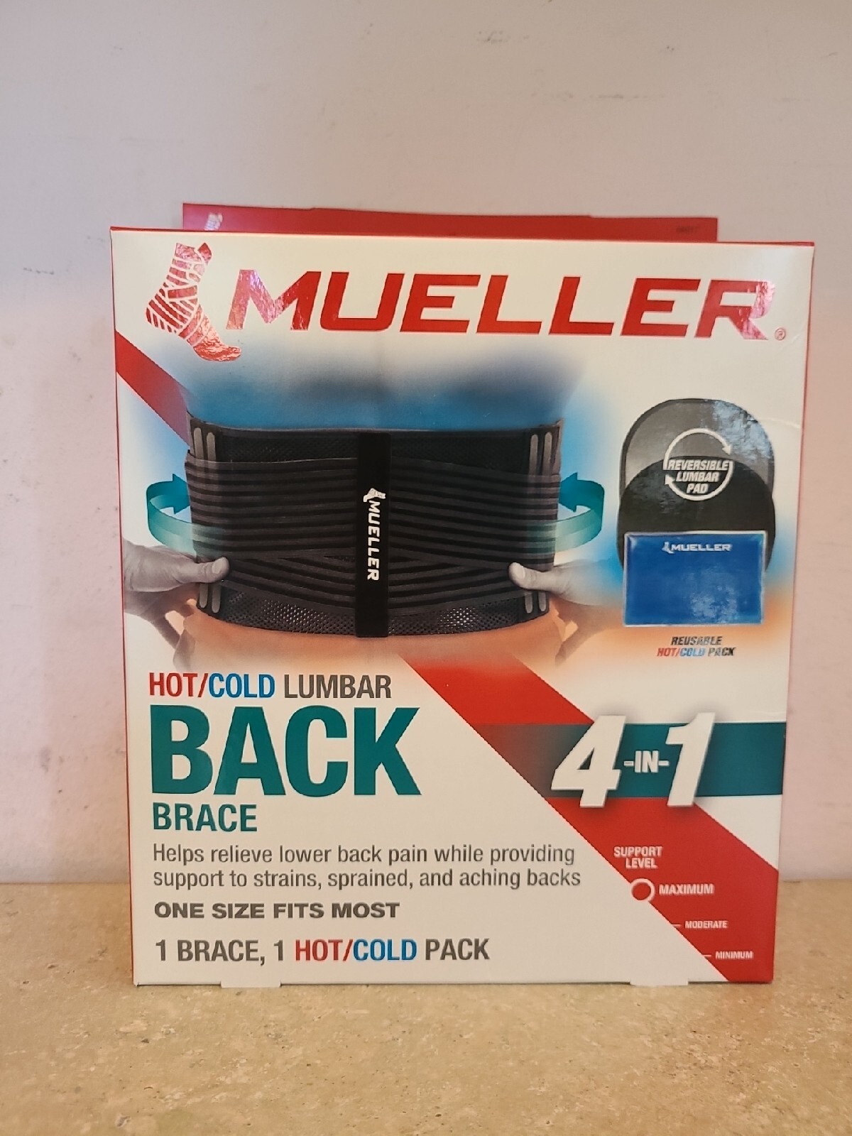 Mueller 4-in-1 Hot/Cold Lumbar Back Brace, One Size (Fits 30 – 48 in) Black