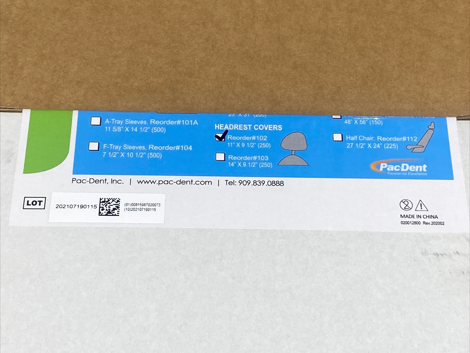 Pac-Dent Headrest Barrier Covers – 11” x 9-1/2” (Pkg. 250) New