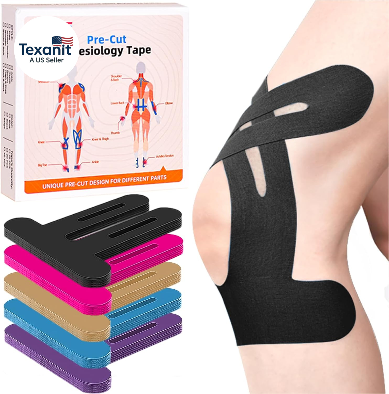 Precut Kinesiology Tape for Knees, 10 Pcs – Knee Support & Stability, Knee Pain