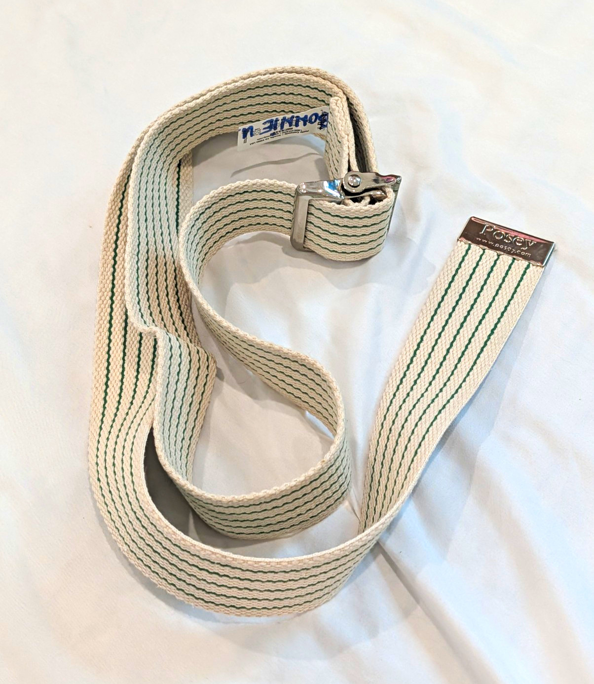 Posey 6556 Cotton Adjustable Gait Belt Metal Buckle Beige/Green Striped