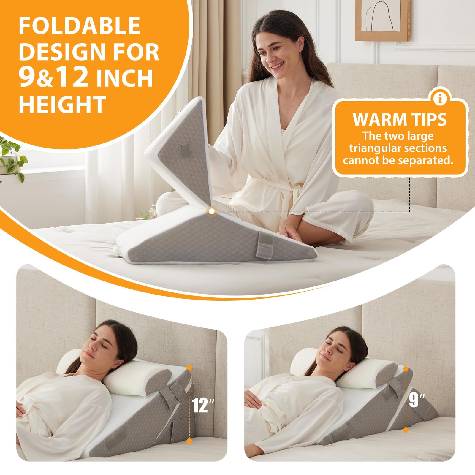 Ruqmuis 3PCS Wedge Pillow Adjustable 9&12 Inch + 1 Head Pillow, White/Grey