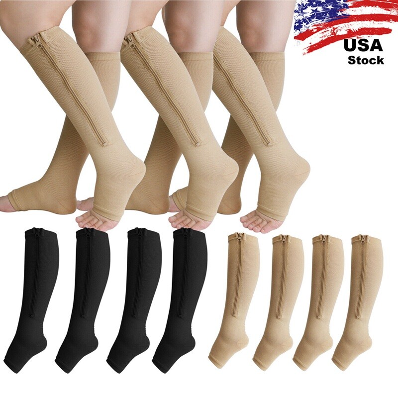 3 Pairs Open Toe Compression Socks Women Men 20-30mmHg Zipper Support Leg Calf