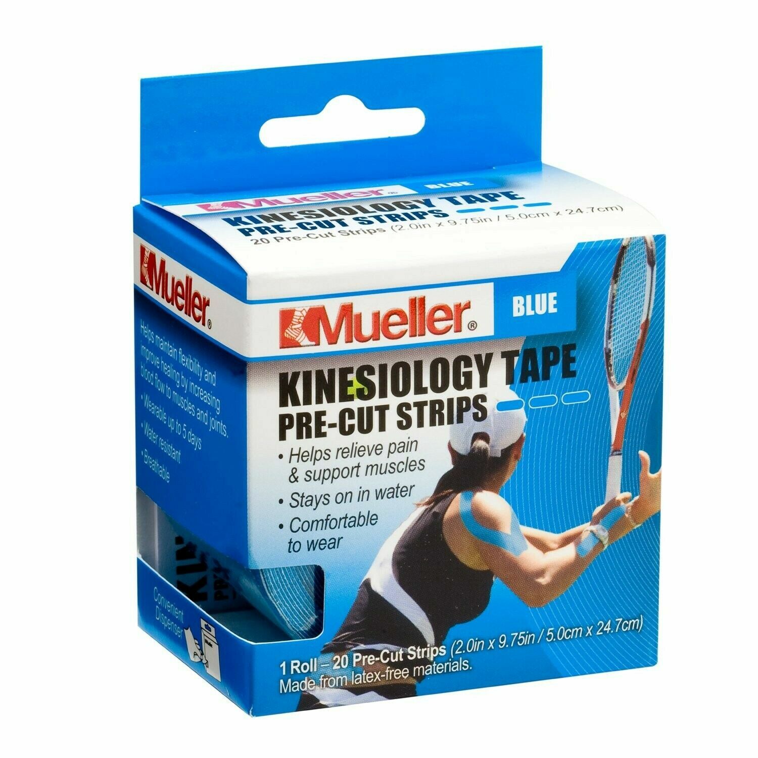 Mueller Sports Medicine Kinesiology Tape Pre-Cut Strips, Blue, 20 Strips 2×9.75