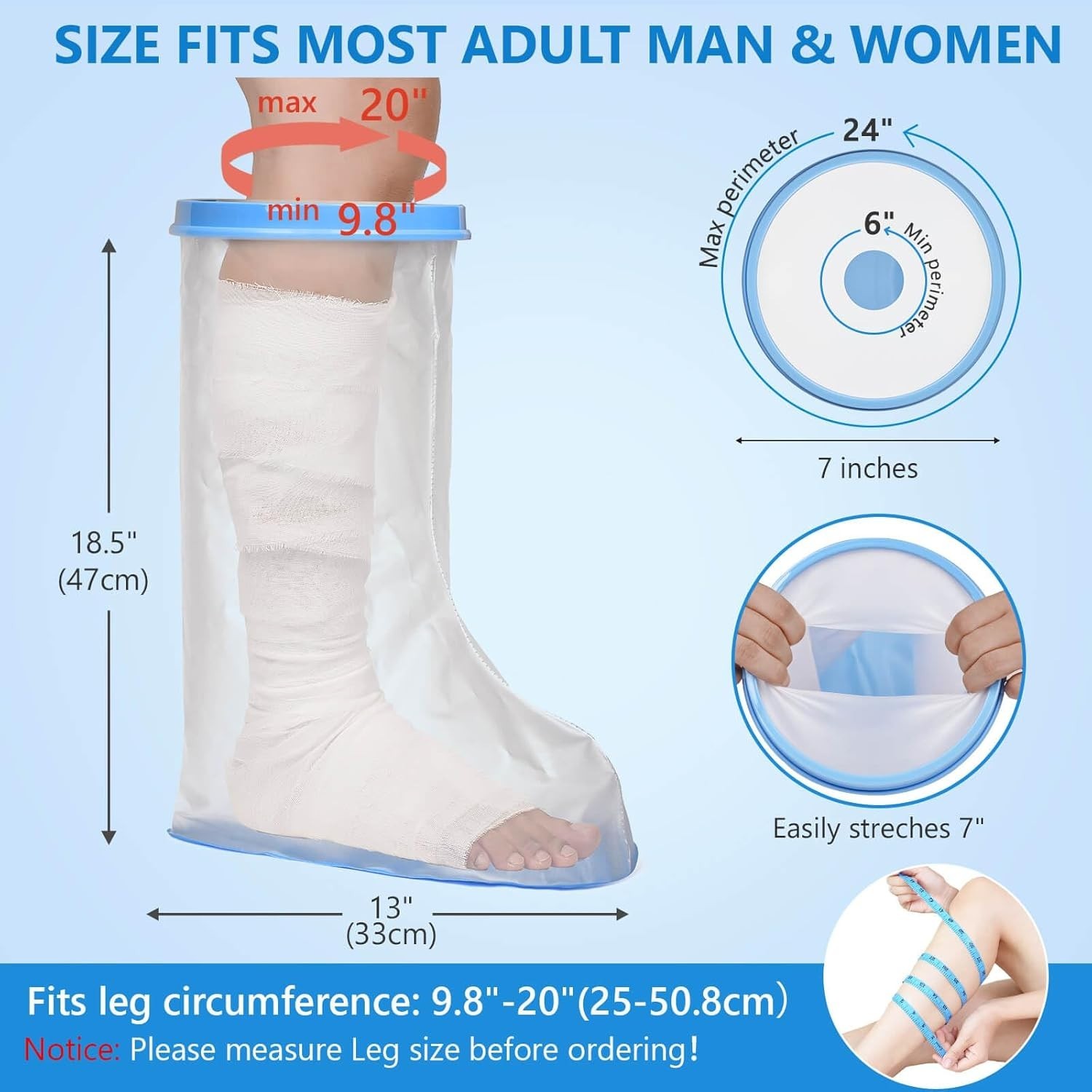 100% Waterproof Leg Cast Cover for Shower with Non-Slip Bottom Reusable Shower