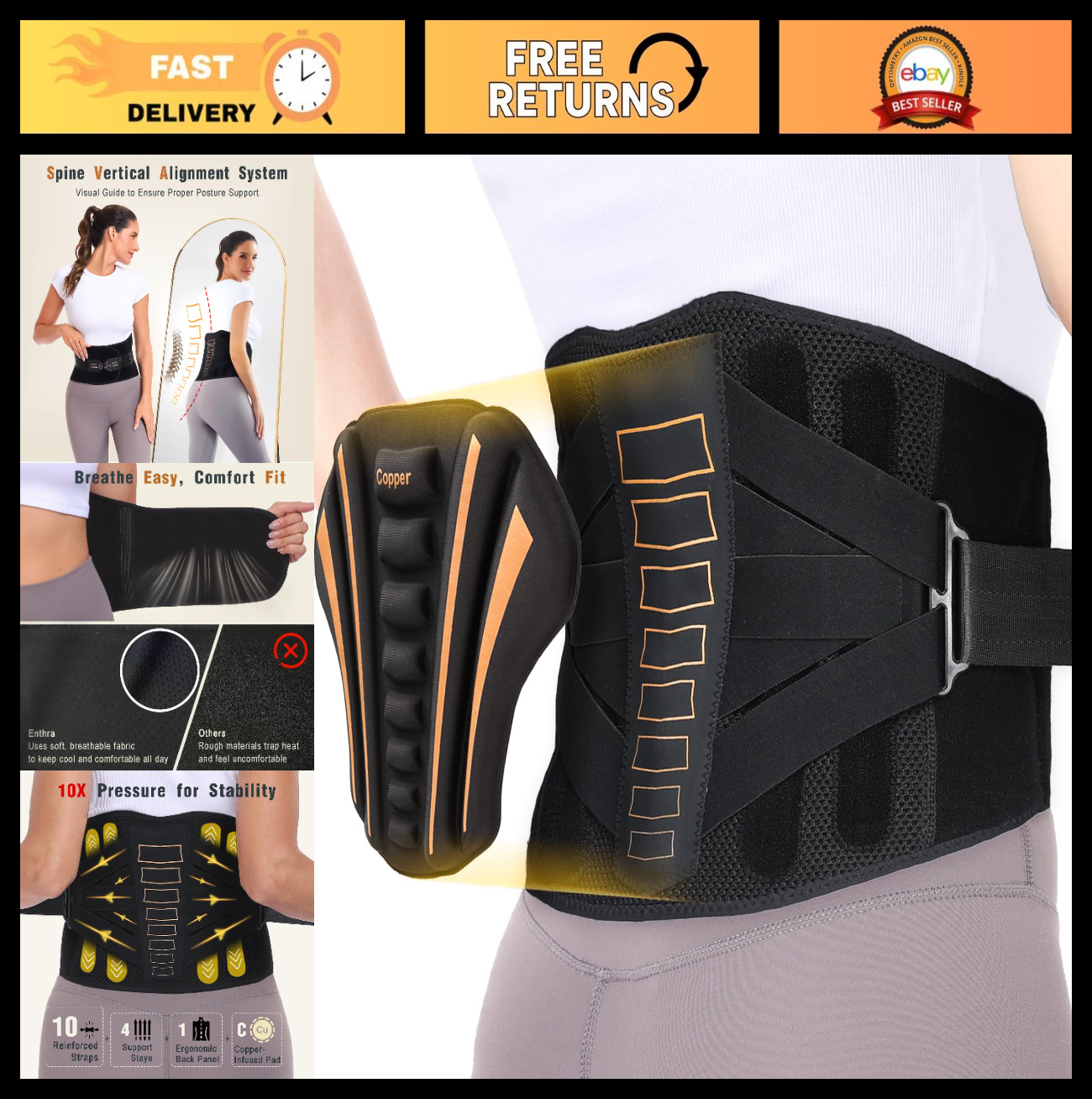 Copper Back Brace for Lower Back Pain Relief, Ergonomic Support, Comfortable Fit