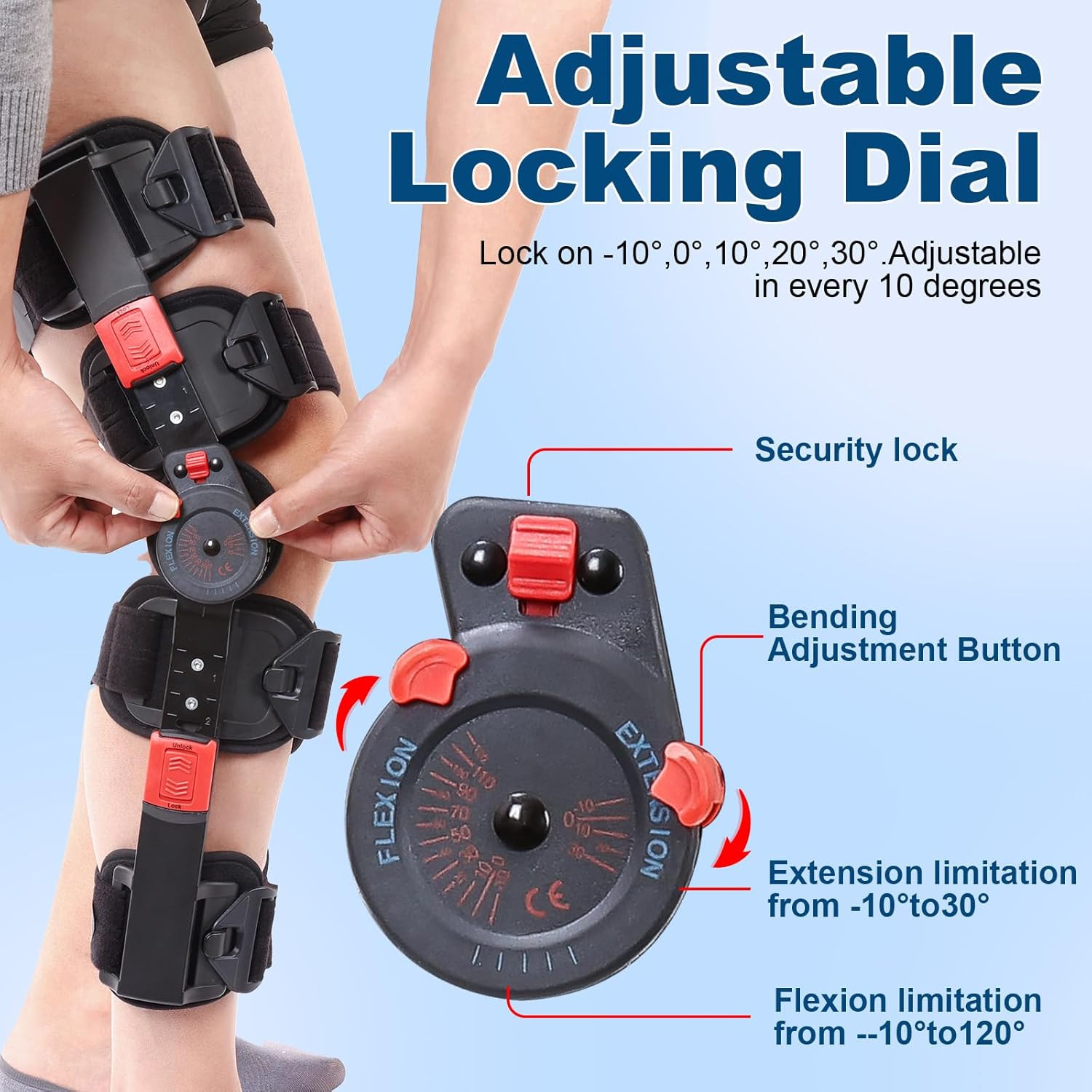 Hinged ROM Knee Brace with Side Stabilizers, Adjustable Post Op Knee Support Ort
