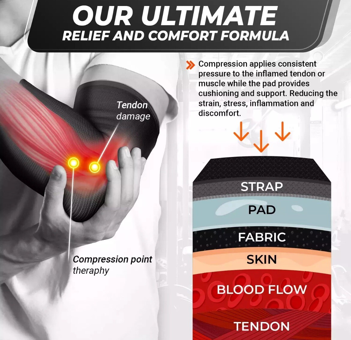 DR. BRACE Gel Padded Elbow Brace w/Removable Strap Compression Pain Relief Large