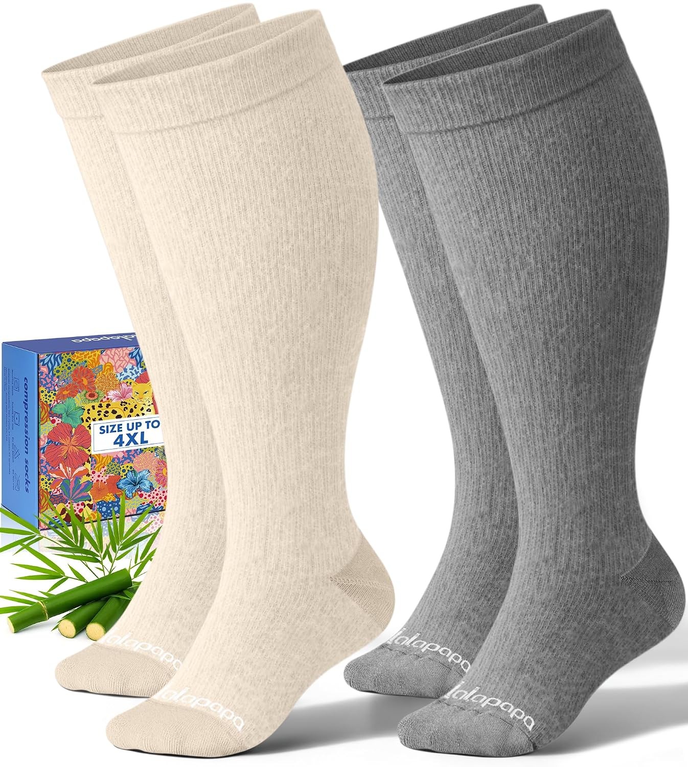 Wide Calf Beige Grey Bamboo Compression Socks XX-Large Women’s