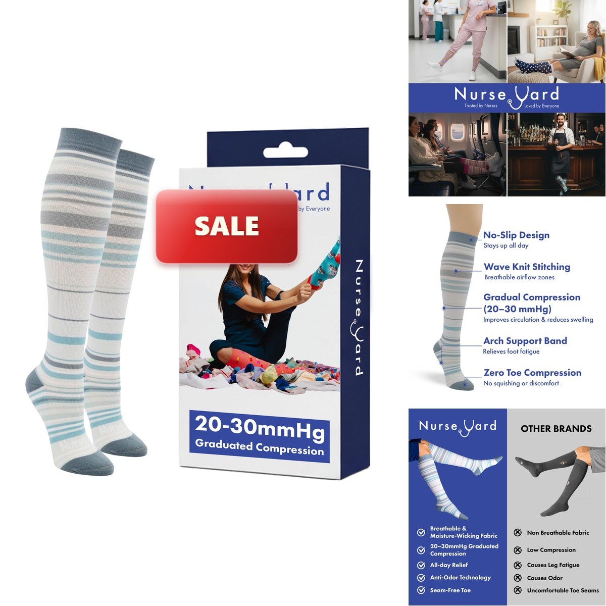 Nurse Yard Compression Socks Nurses – Women & Men – 1 Pair ST-GRY-SM-FBA