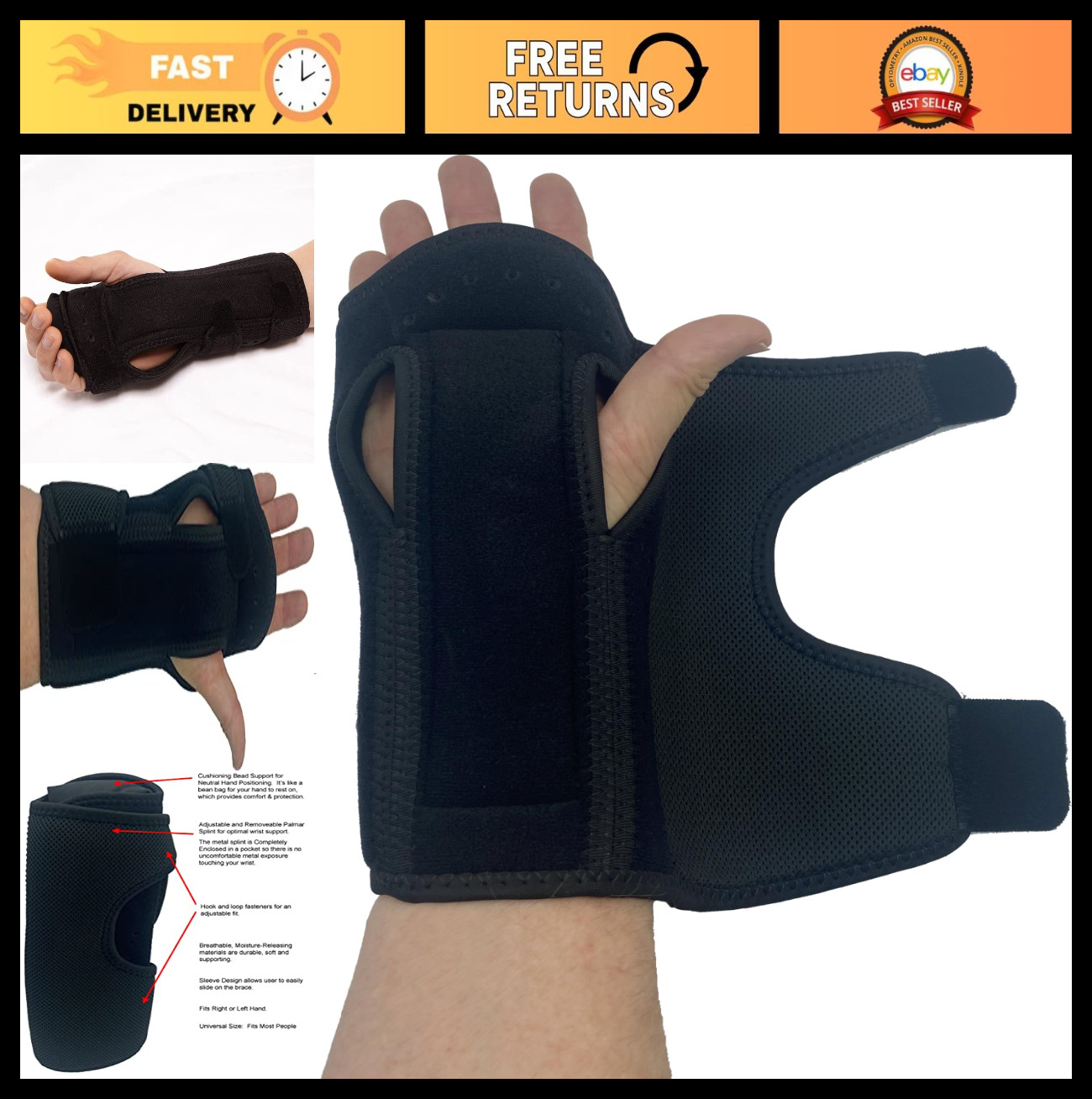 Night Wrist Sleep Support Brace – Cushioned Carpal Tunnel Relief, Adjustable Fit