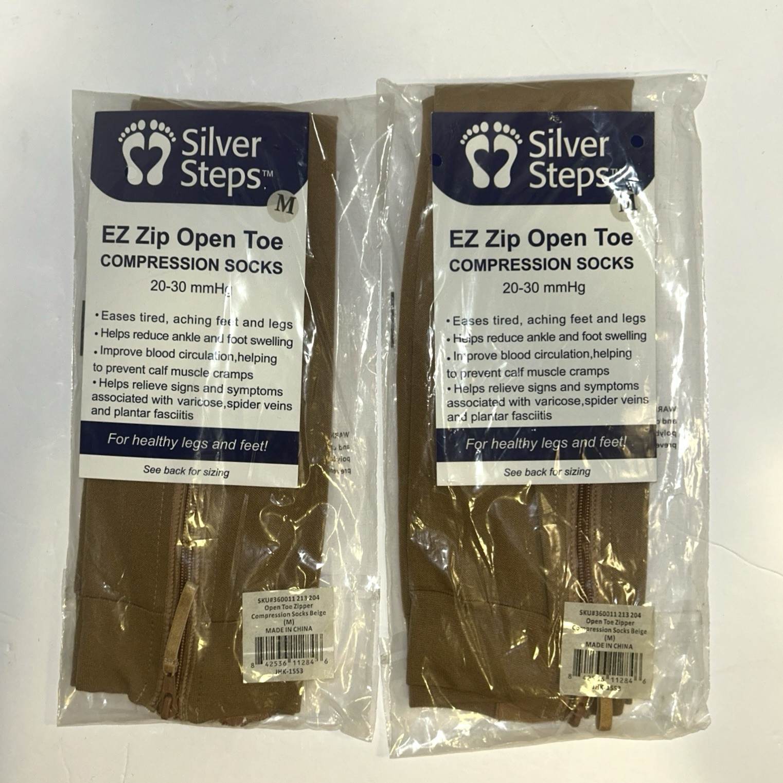 Compression Socks 2pair Silver Steps EZ Zip Open Toe Size M Beige New V