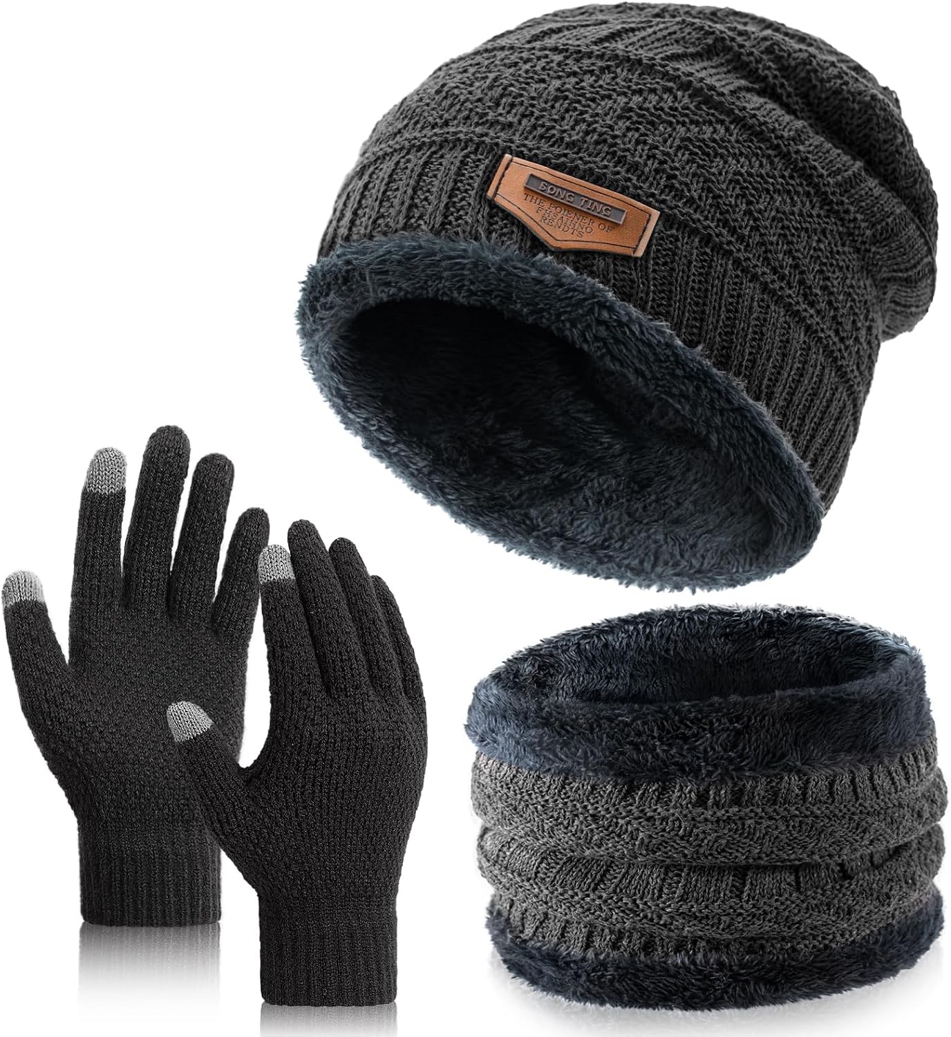Winter Beanie Hat Circle Scarves Touchscreen Gloves Set, Warm Thick Fleece Lined