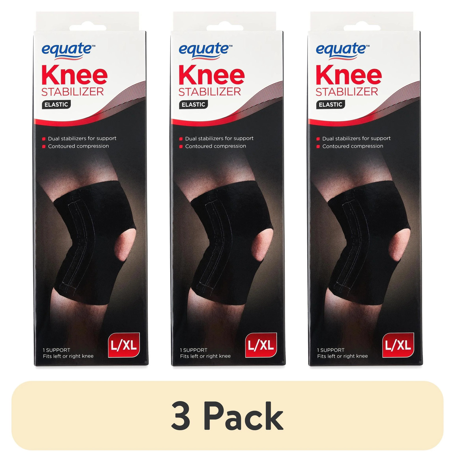 3 pack) Elastic Knee Stabilizer, Black, L/XL