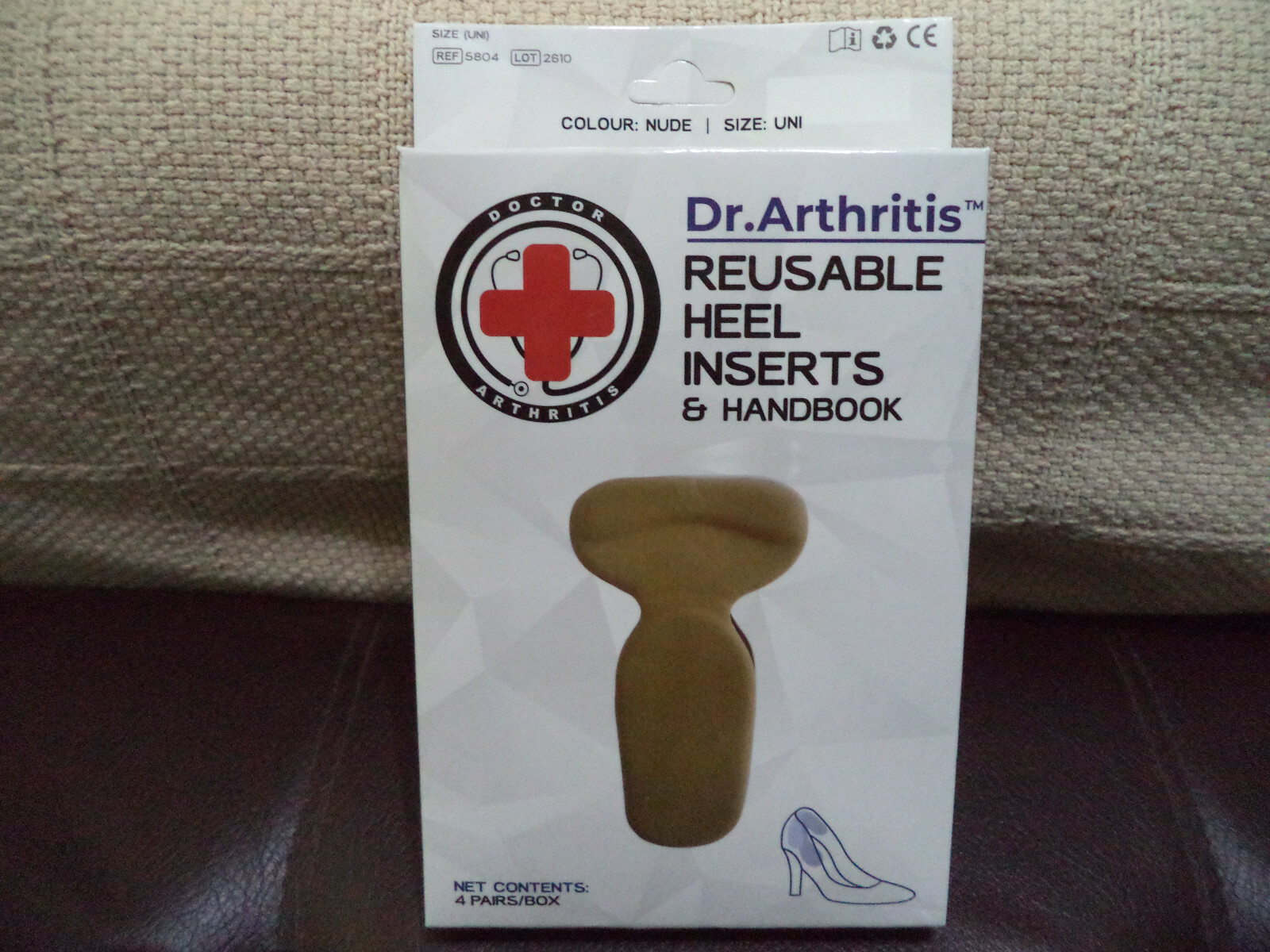 NEW DR. ARTHRITIS REUSABLE SHOE HEEL INSERTS & HANDBOOK 4 PAIR UNISEX NUDE COLOR