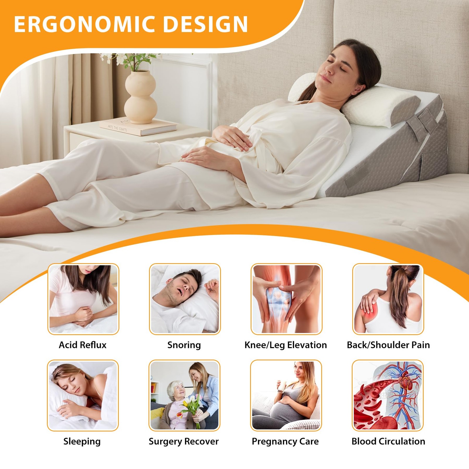 Ruqmuis 3PCS Wedge Pillow Adjustable 9&12 Inch + 1 Head Pillow, White/Grey