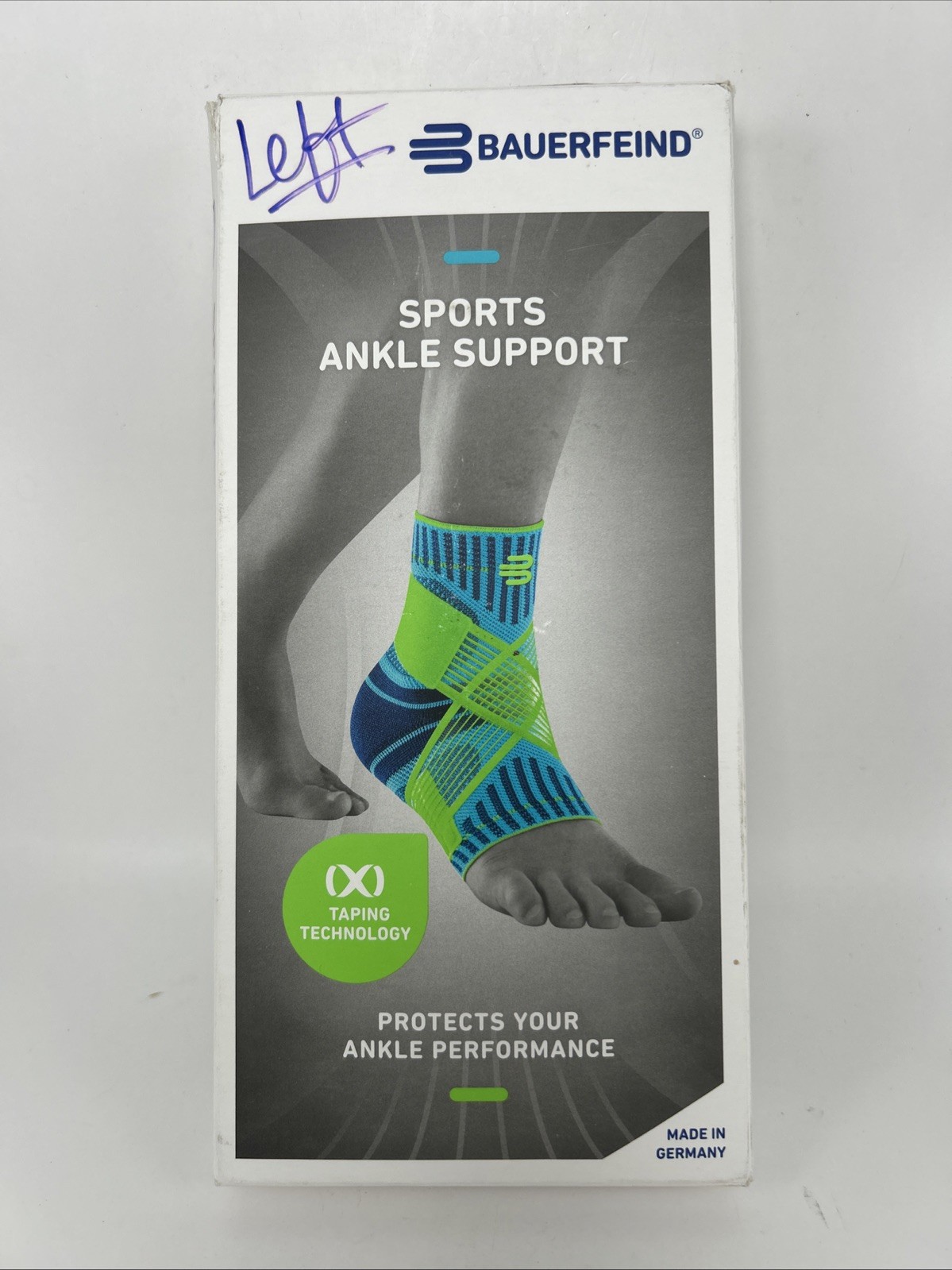 Bauerfeind Sport Ankle Support Compression Taping Strap Blue/Green LARGE LEFT