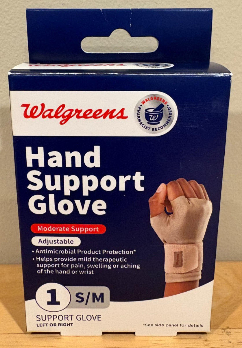 WALGREENS HAND SUPPORT GLOVE ADJUSTABLE LEFT OR RIGHT WRIST SUPPORT S/M IN BOX