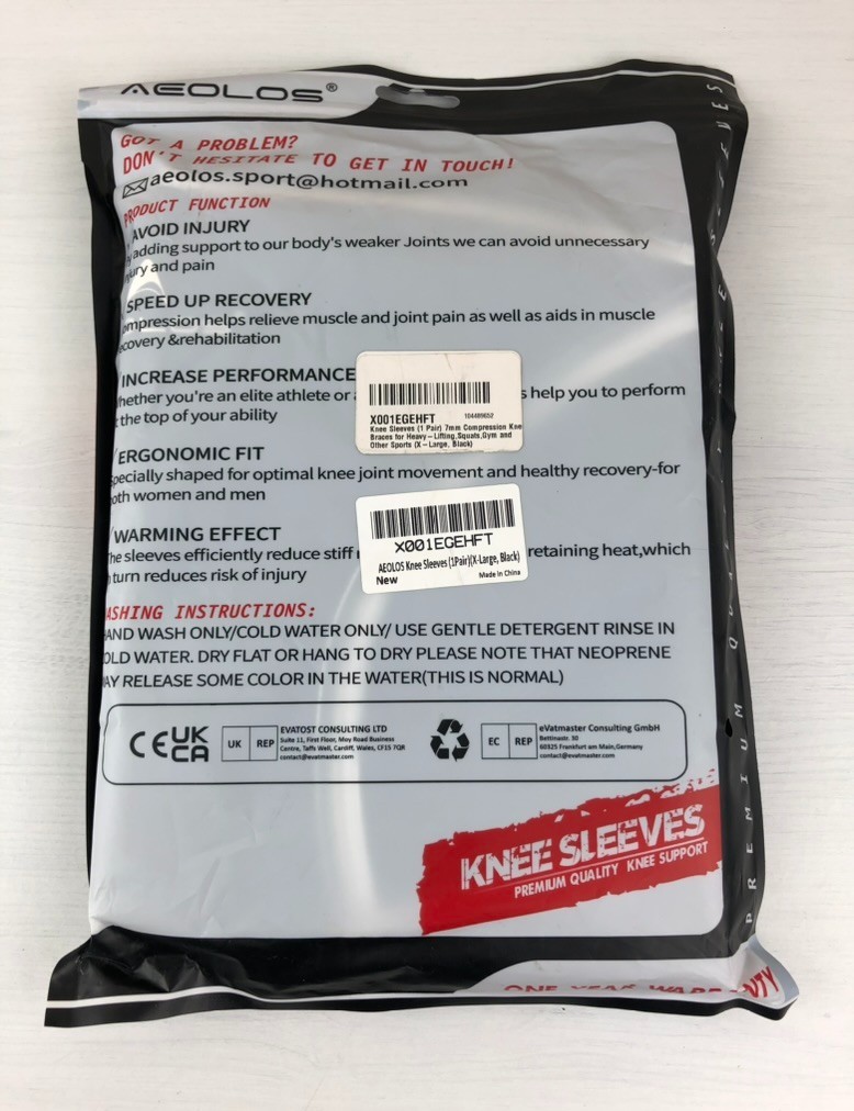 AEOLOS Knee Sleeves – Fitness Knee Support – XL – Black – 1 Pair – Brand New