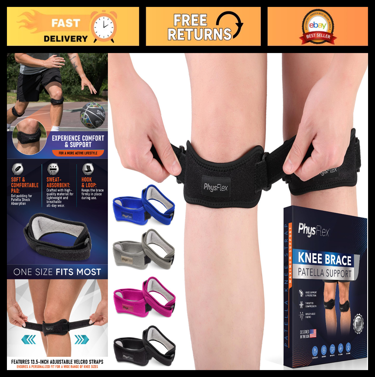 2 Pack Adjustable Patella Knee Brace – Support for Running, Hiking, Basketball,