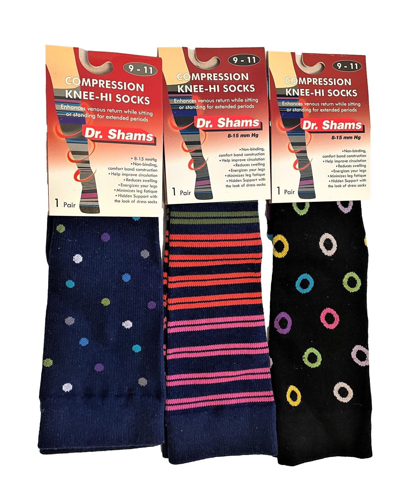 3 pair Compression Knee Hi Socks 8-15 MMHG Graduated 9-11 Dr. Shams Support Sock