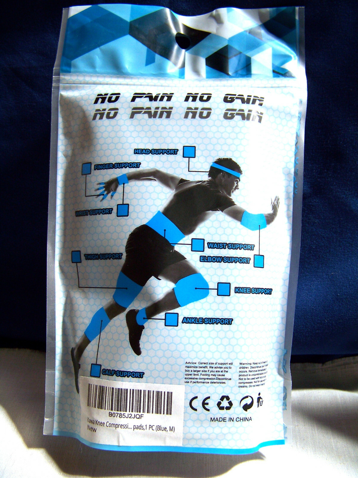 1 Pk KAWA Knee Compression Sleeve, Medium 32-36cm BLUE Stretch Fabric Athlete