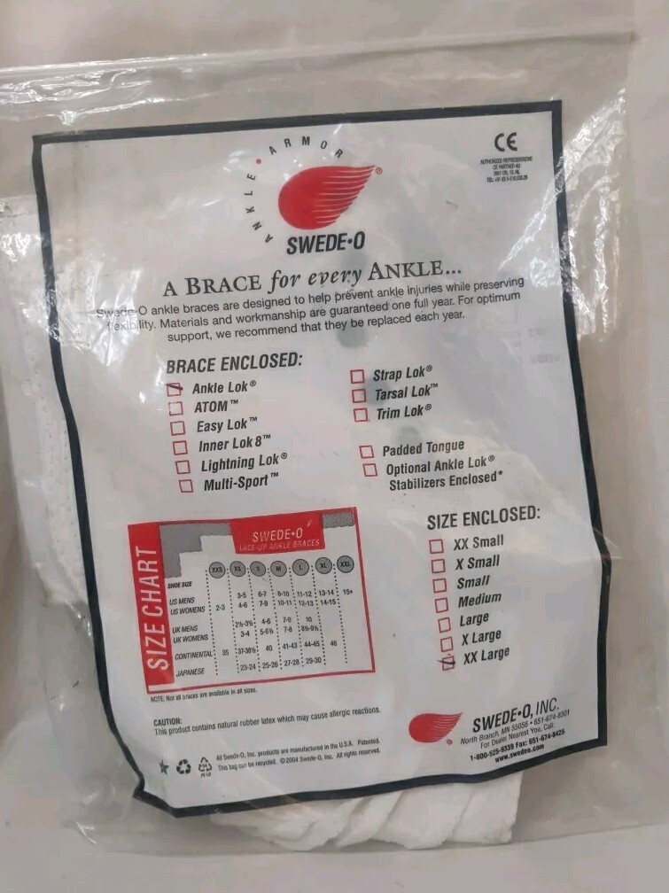SWEDE-O Ankle Lok Brace Size XXL (US Size 15+) White Lace/Strap ~Good