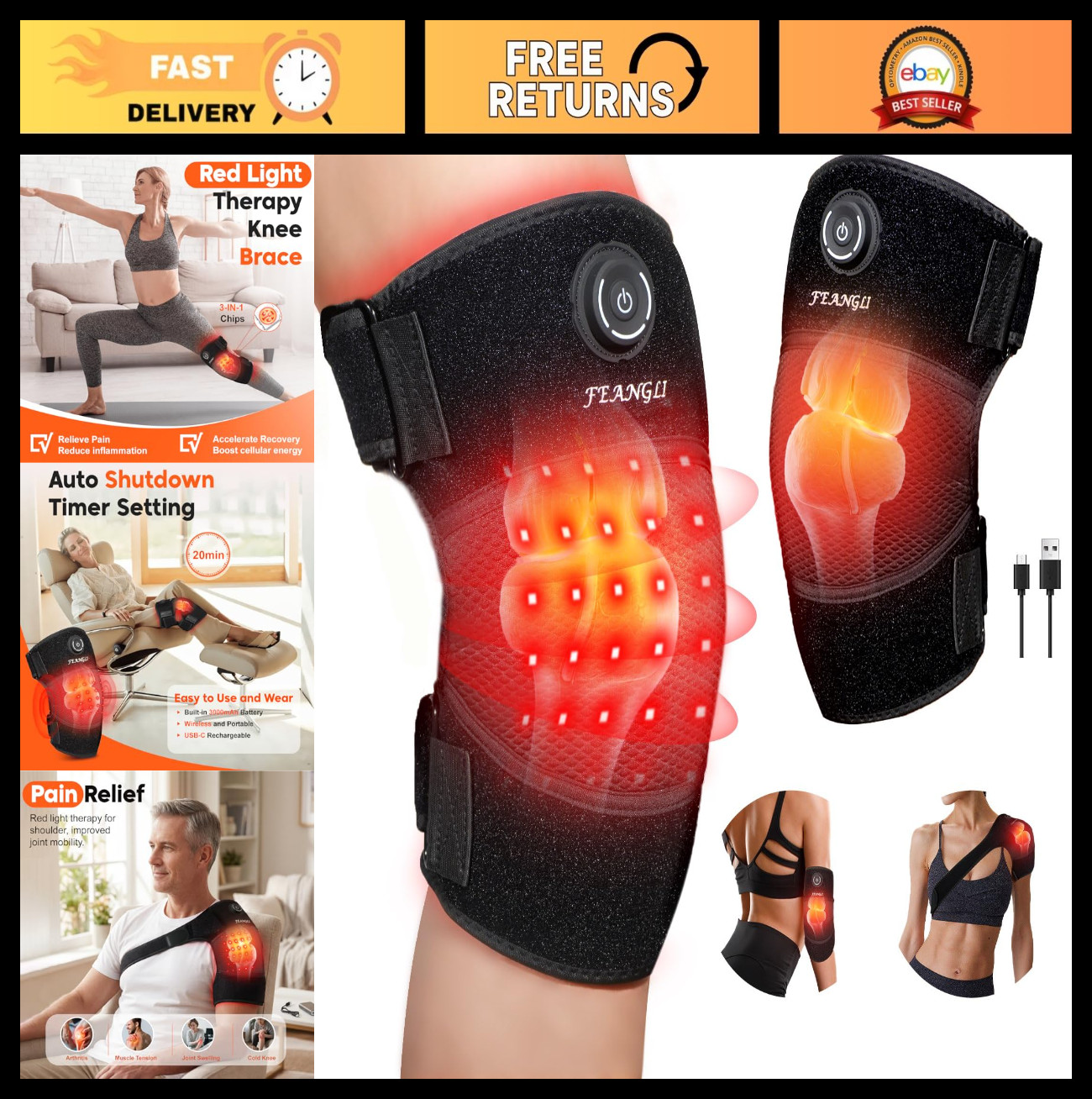Wireless Rechargeable Infrared Light Therapy Knee Brace for Pain Relief, 660nm &