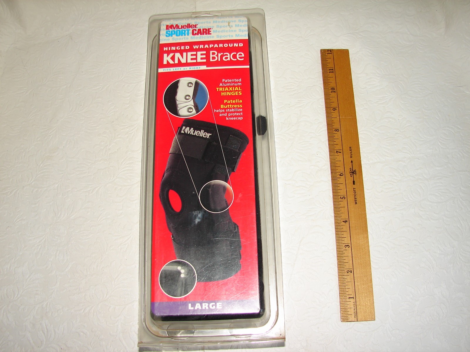 Mueller Hinged Wraparound KNEE BRACE, Sz Large, NOS NIP w/Patella Buttress