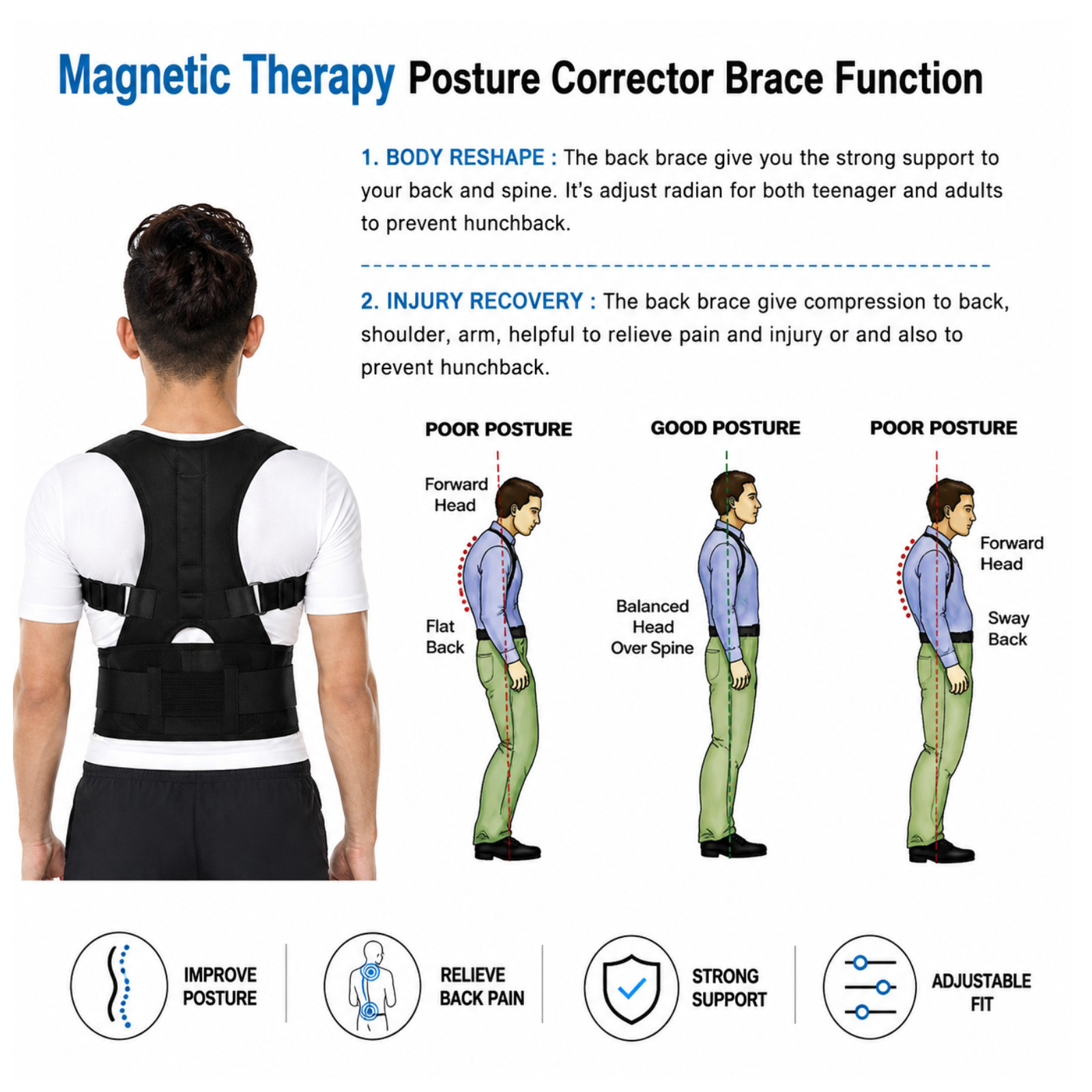Posture Corrector Support Magnetic Back Shoulder Brace Belt Band For Men Women