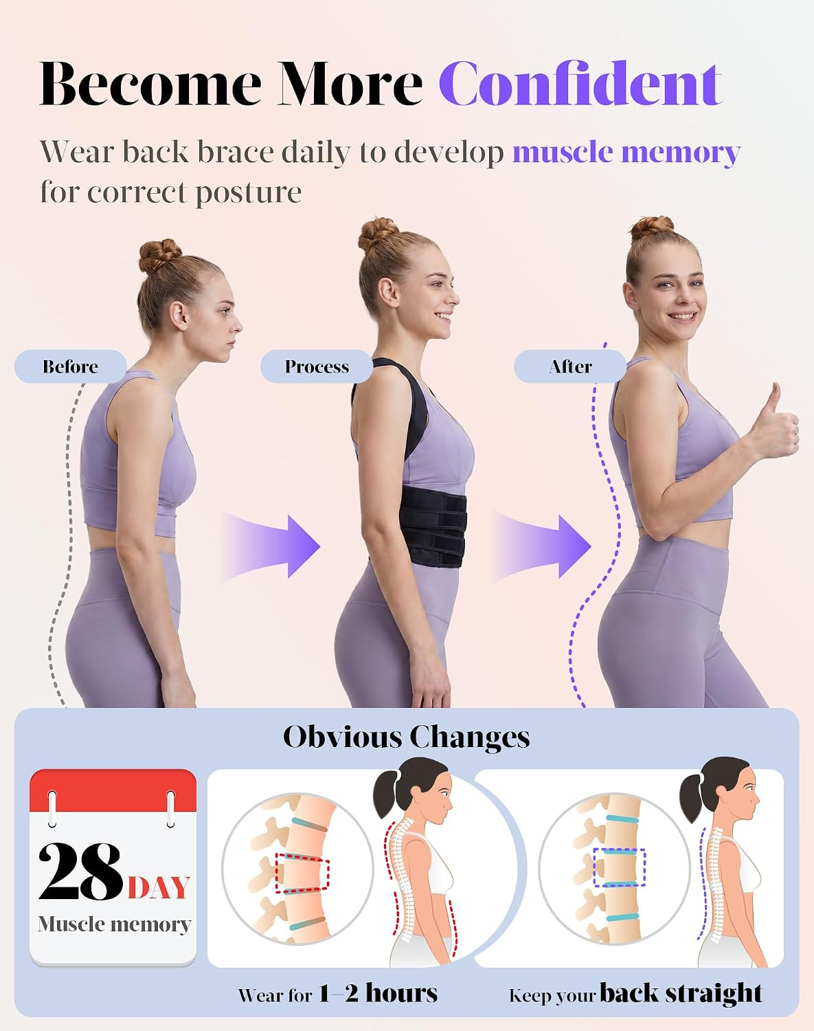Posture Corrector for Women and Men, Full Back Support Brace, Black, Large | Adj