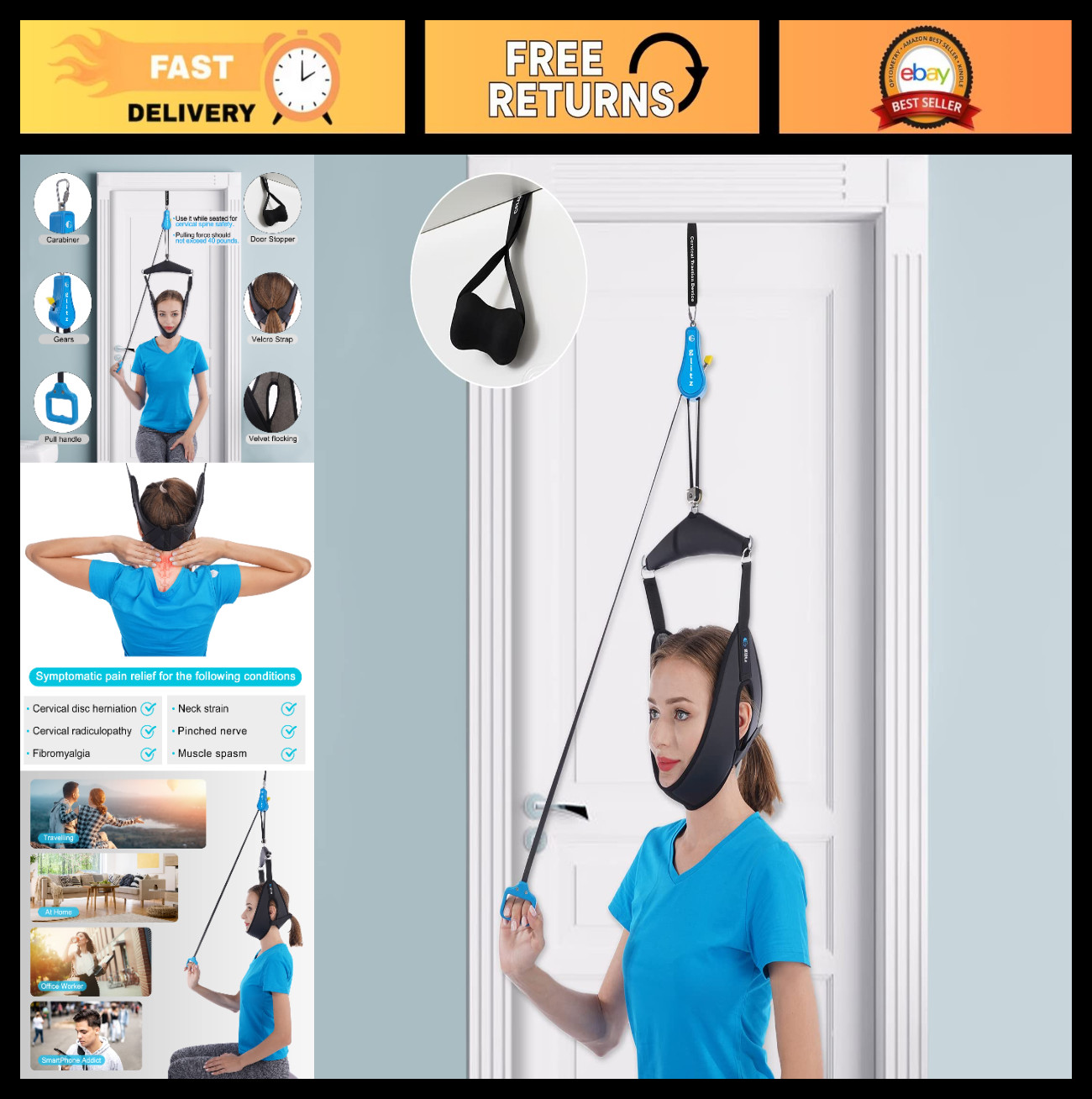 Portable Neck Traction Device for Home Use – Over Door Neck Stretcher Hammock fo