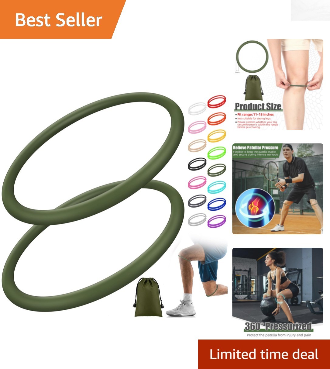 Comfortable Silicone Knee Support Bands, Perfect for Sports – Size M, Army Green