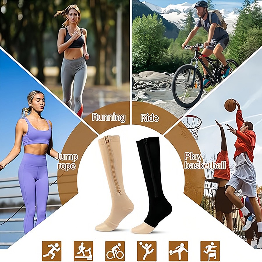 Zip Up Open Toe Compression Zipper Socks Calf Support Stockings Unisex 1/3 Pairs
