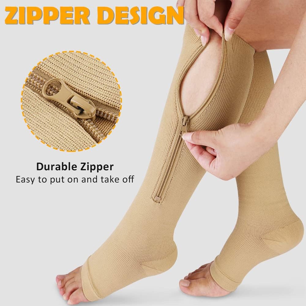 Zipper Open Toe Compression Socks 20-30mmHg Calf Leg Ankle Support Stocking
