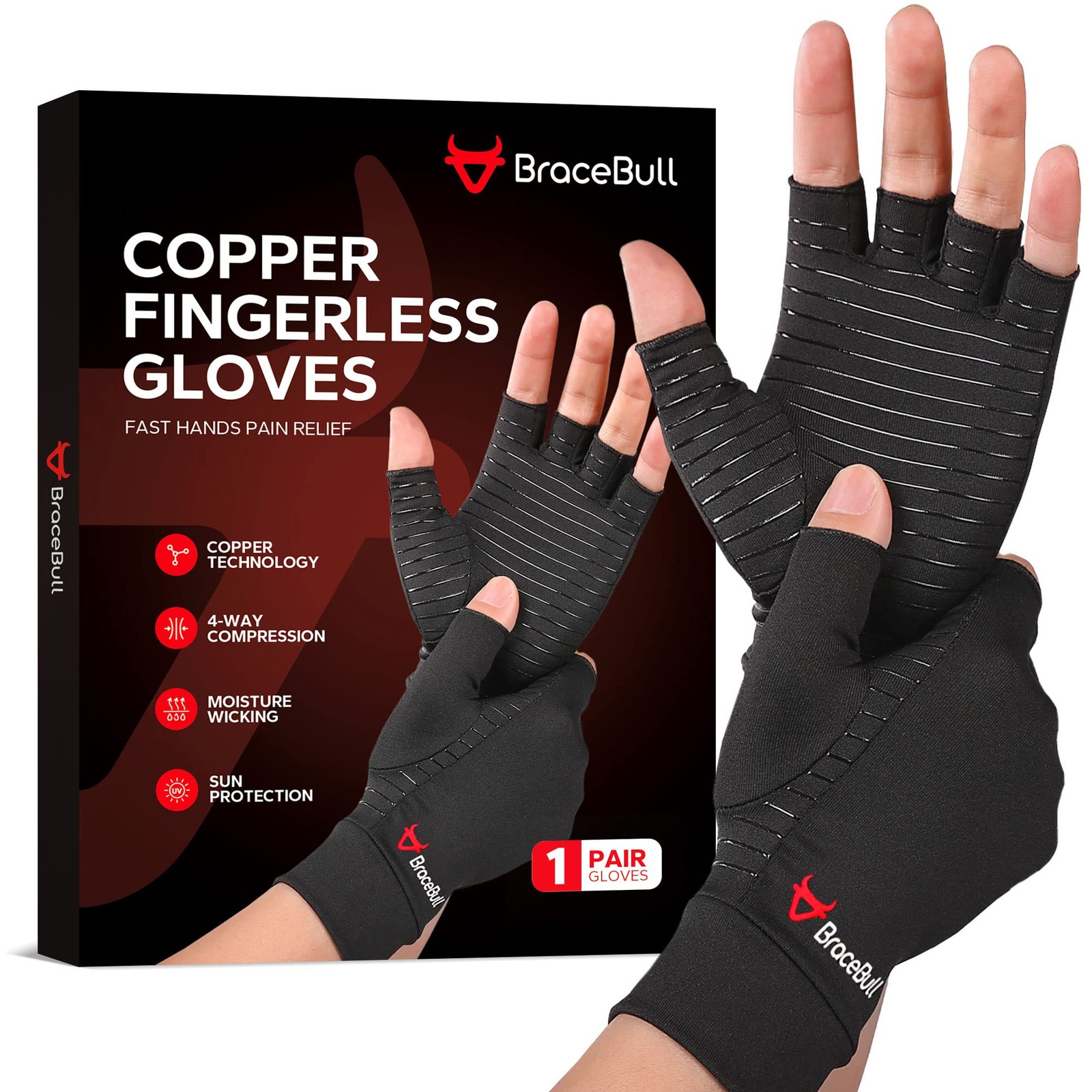 BraceBull Arthritis Gloves (1 Pair), Copper Infused Medium, 006orange