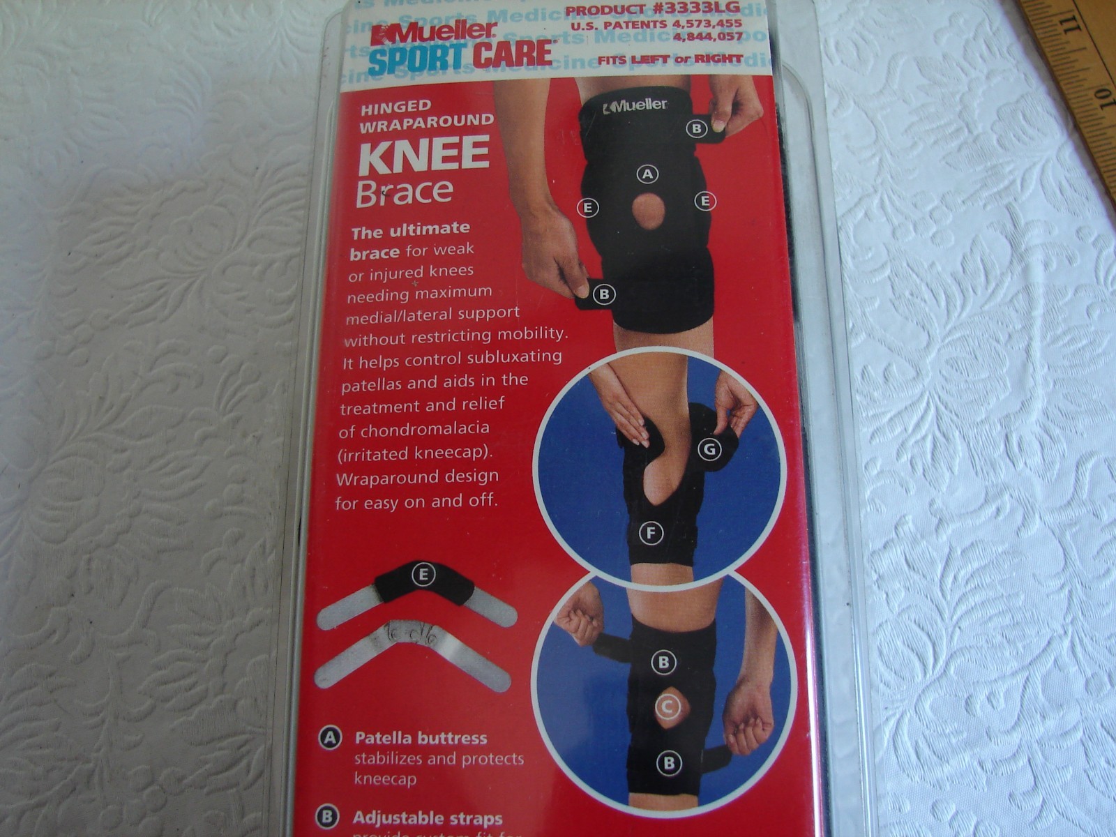 Mueller Hinged Wraparound KNEE BRACE, Sz Large, NOS NIP w/Patella Buttress