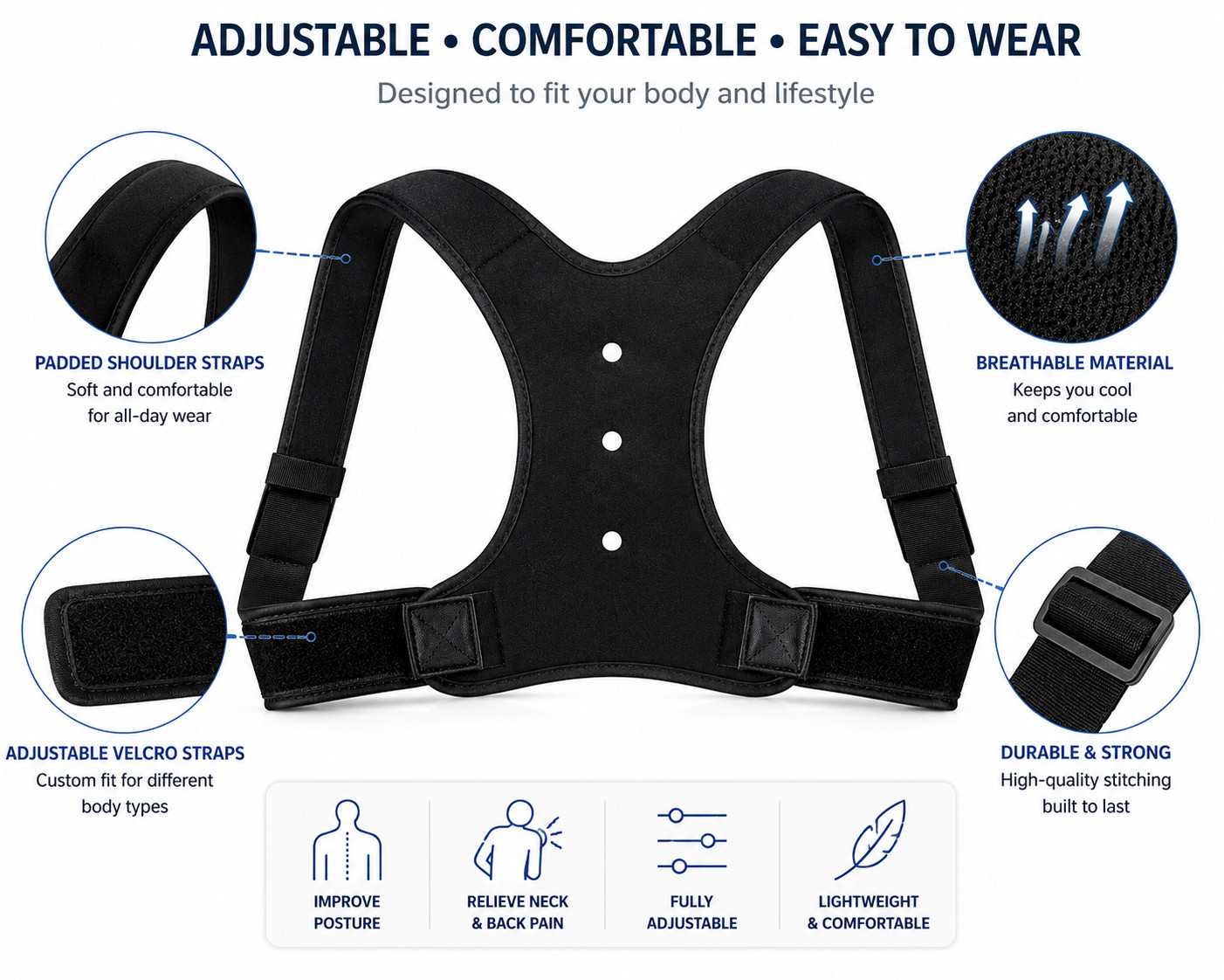 Posture Support Brace for Men Women – Adjustable Back & Shoulder Corrector