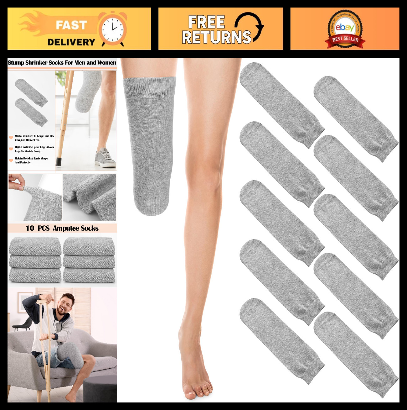 10 Pcs Amputee Stump Shrinkers Socks for Prosthetic Limbs – Men & Women