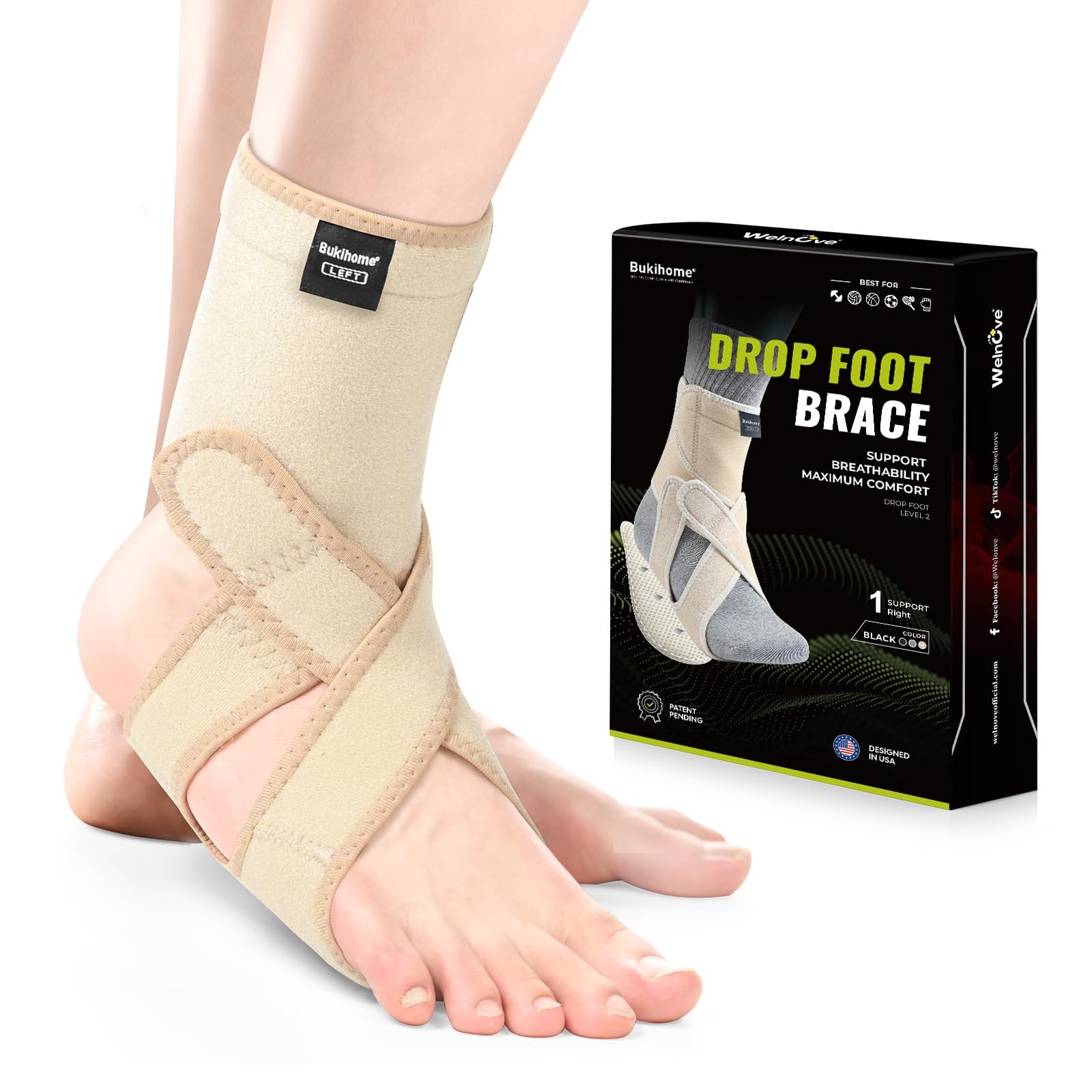 Bukihome Foot Drop Brace Adjustable AFO Right Black Unisex Nylon Support