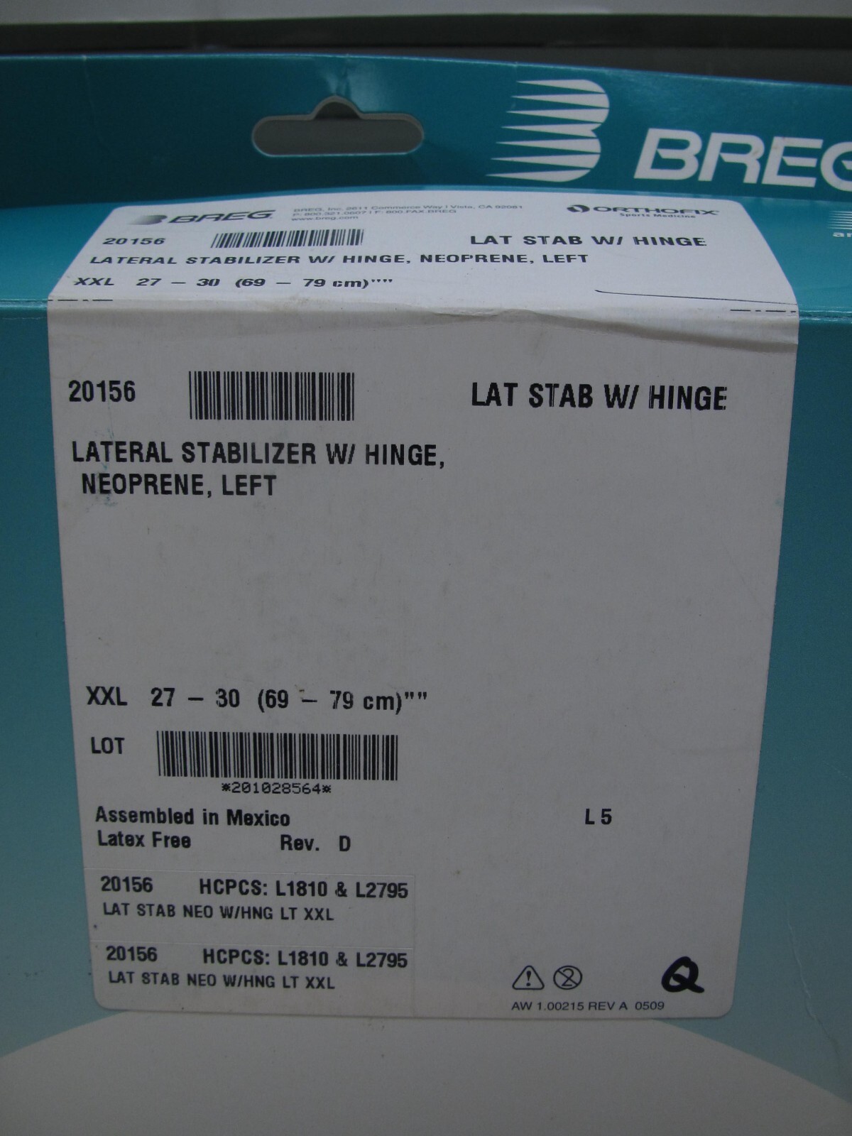 Breg Lateral Stabilizer W/ Hinge Soft Knee Brace Neoprene Left XXLarge 20156