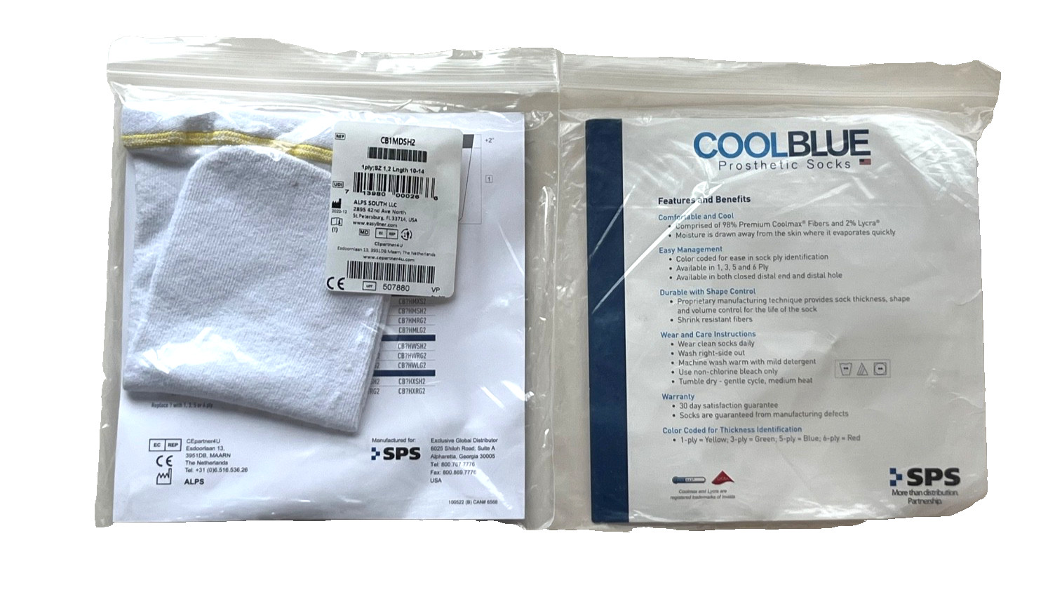 NEW LOT 2 SPS PROSTHETIC SOCKS COOL BLUE 1 PLY SIZE 1 2 LENGTH 10-14