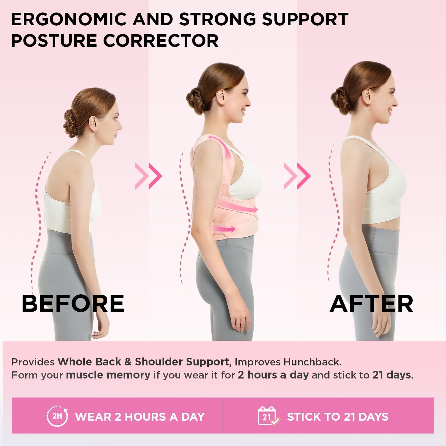 Gentle Posture Corrector with Adjustable Fit – Suitable for Teens & Adults, Pink