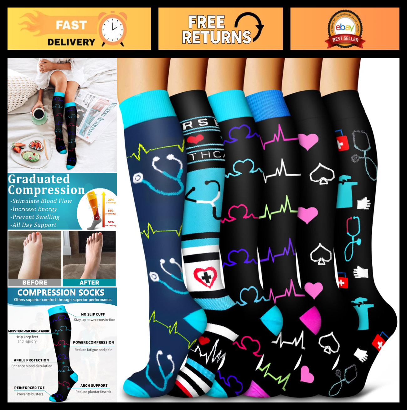 6 Pack Copper Compression Socks for Men & Women – Best Support for Circulation,