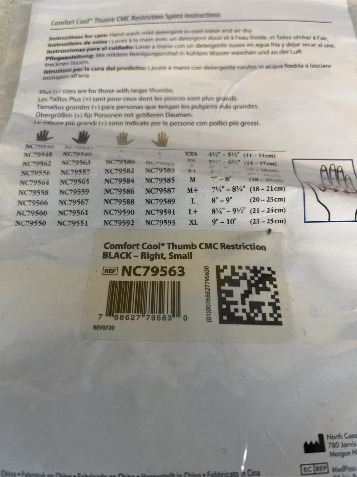 Comfort Cool Thumb CMC Restriction Splint Black Right Hand Small NC79563 New