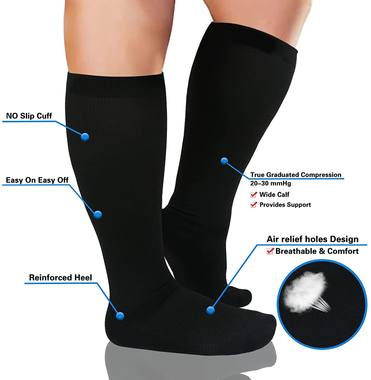 Plus Size Wide Calf Compression Socks for Swelling Pain Edema, Stretch to 24Inch