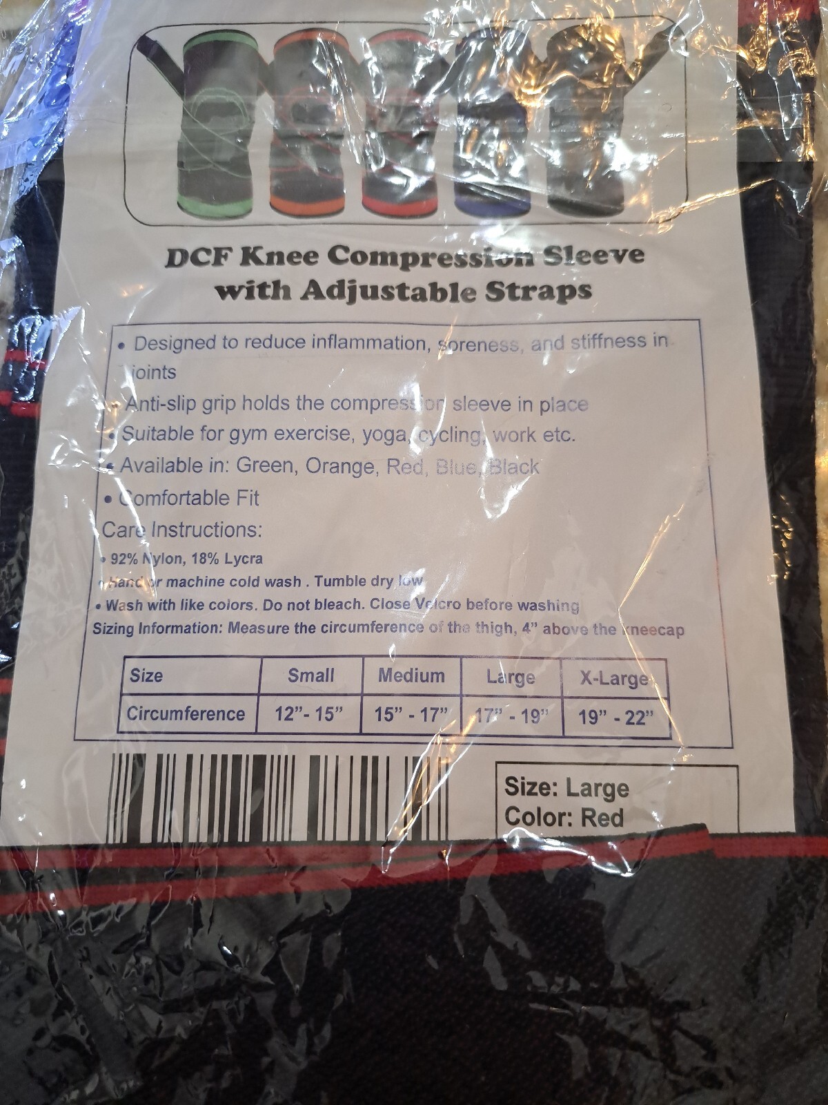 DCF Knee Compression Sleeve with Adjustable Straps Large Black With Red Trim