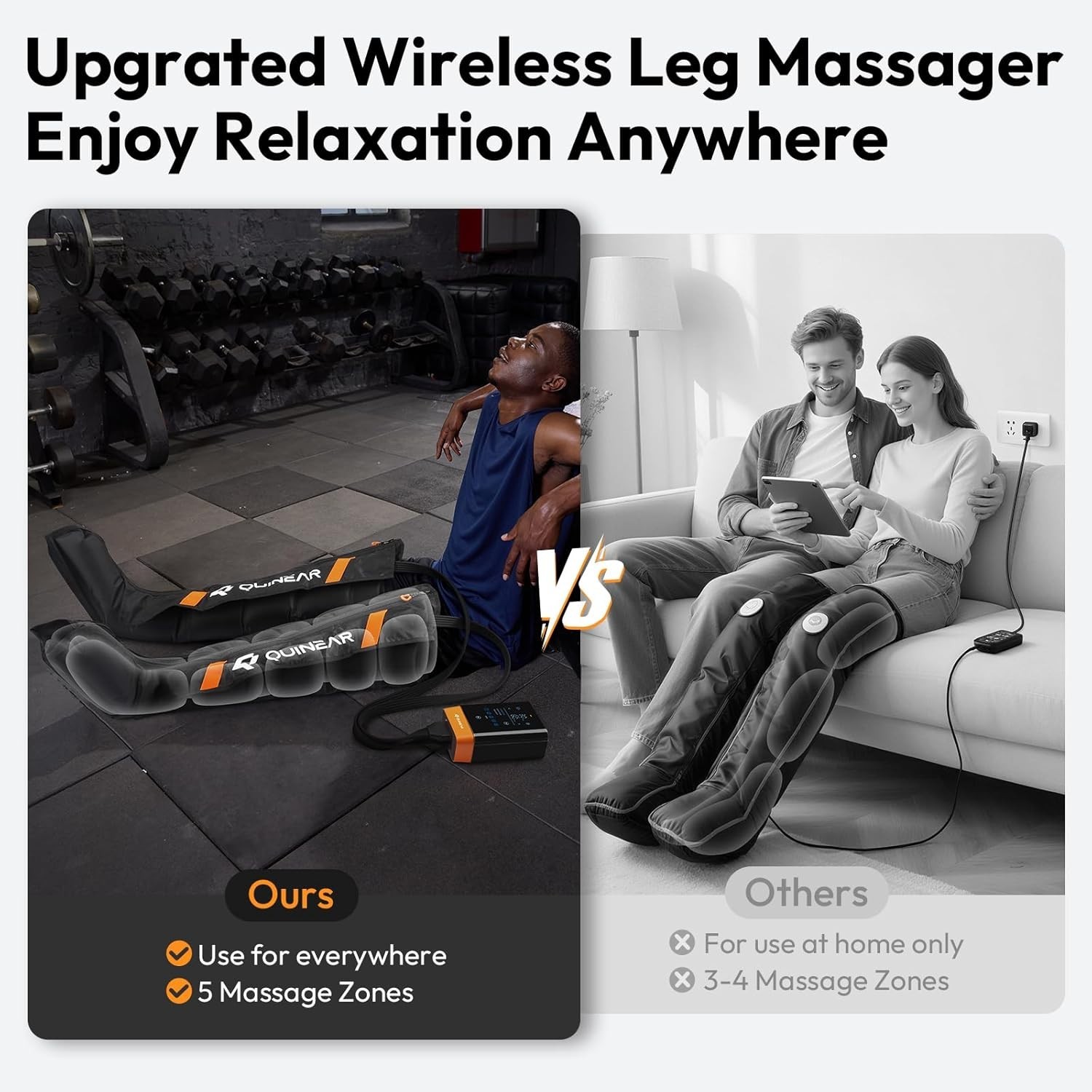 QUINEAR Air Compression Leg Recovery System Rechargeable Cordless Device, Large
