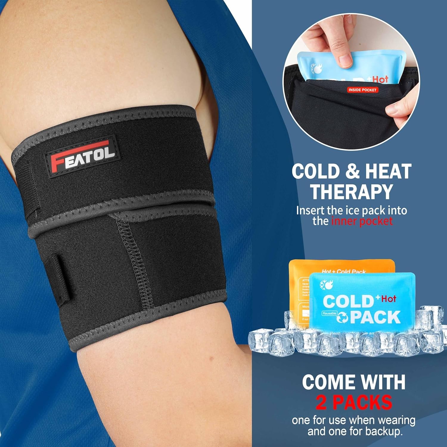 Bicep Tendonitis Brace Upper Arm Support Tricep Compression Sleeve w/Ice Packs