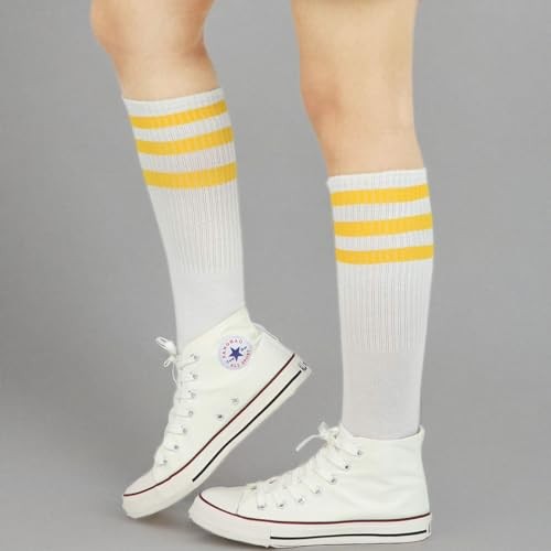 Knee High Tube Socks: Over the Calf Retro Striped Socks One Size White/Yellow