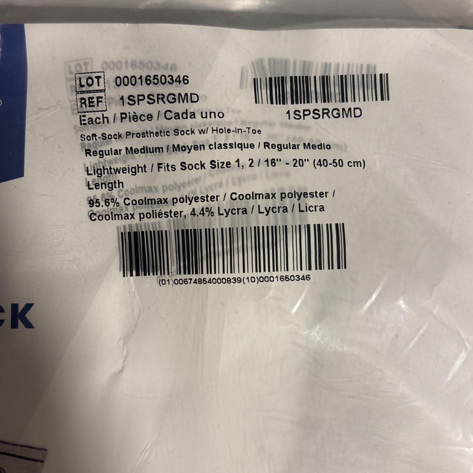 2 knit-rite prosthetic sock Regular M Size 1, 2 16” – 20” (40-50 Cm) Amputé